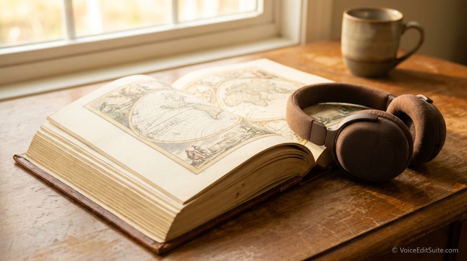 A world atlas open on a desk beside a pair of headphones, warm daylight