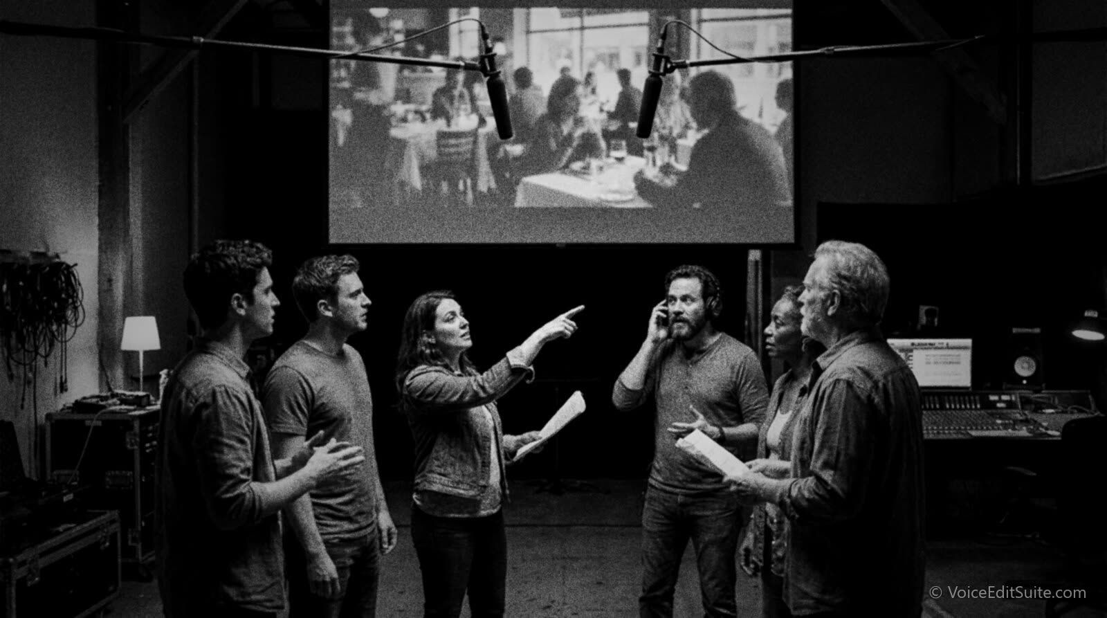 Seven voice actors standing in a loose circle under two overhead microphones on a dim sound stage, watching a silent restaurant scene projected on a large screen as they improvise background conversation