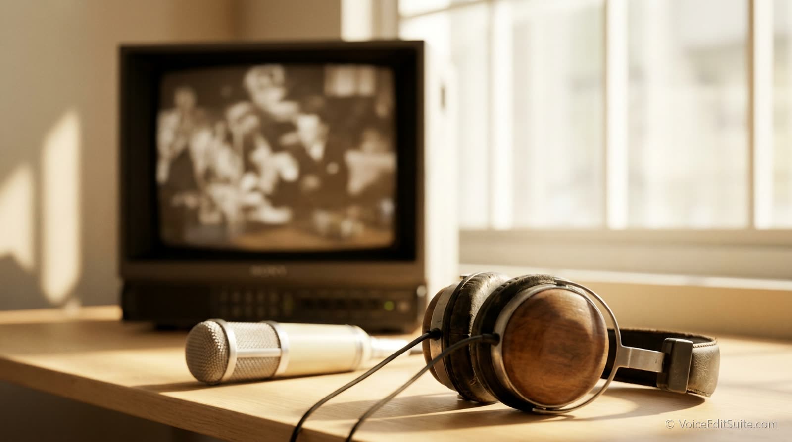 A studio monitor screen out of focus showing a blurred film frame, with a microphone and headphones in the foreground