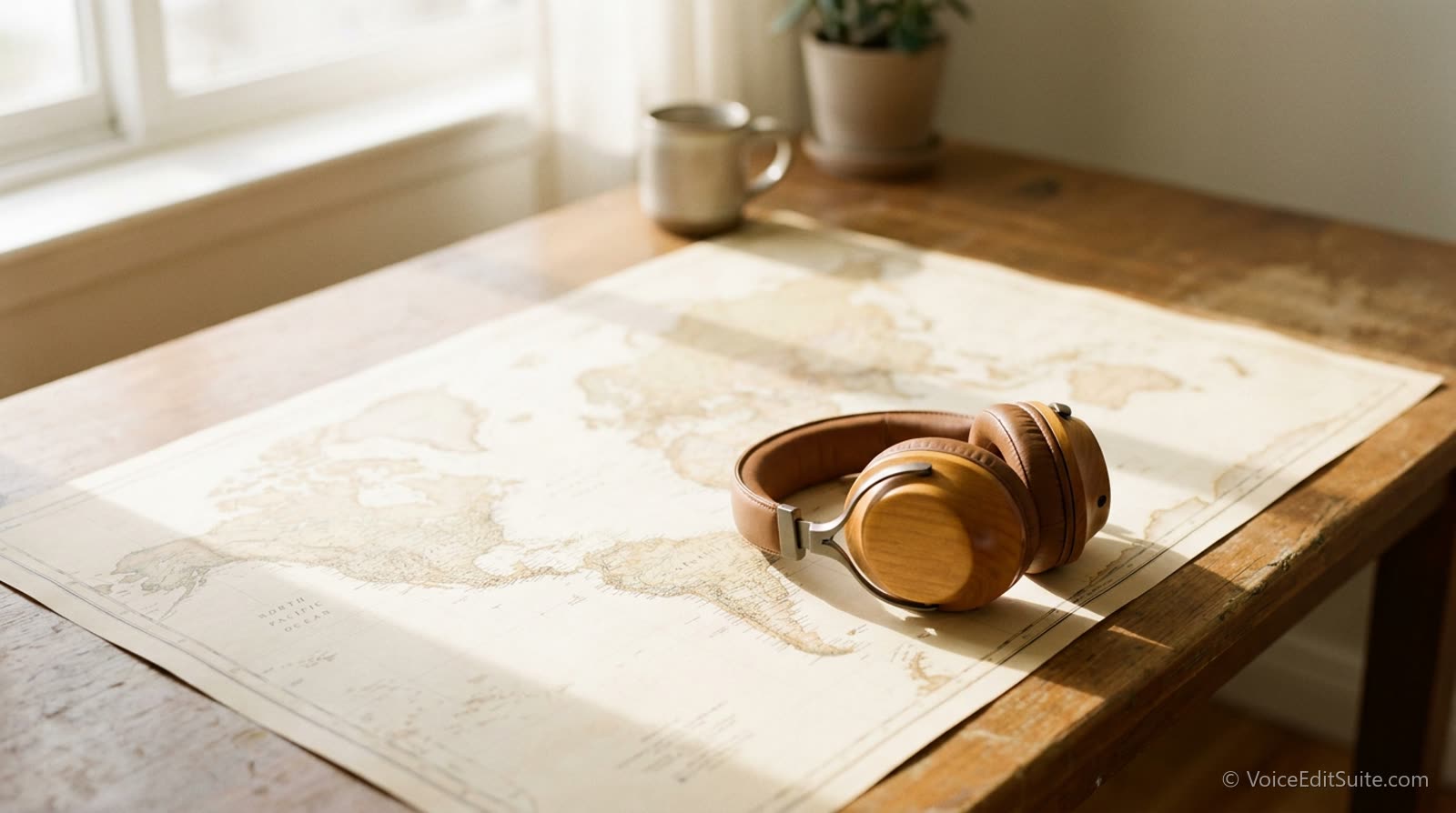 A world map printed on paper with a pair of headphones resting on it, sunlit desk