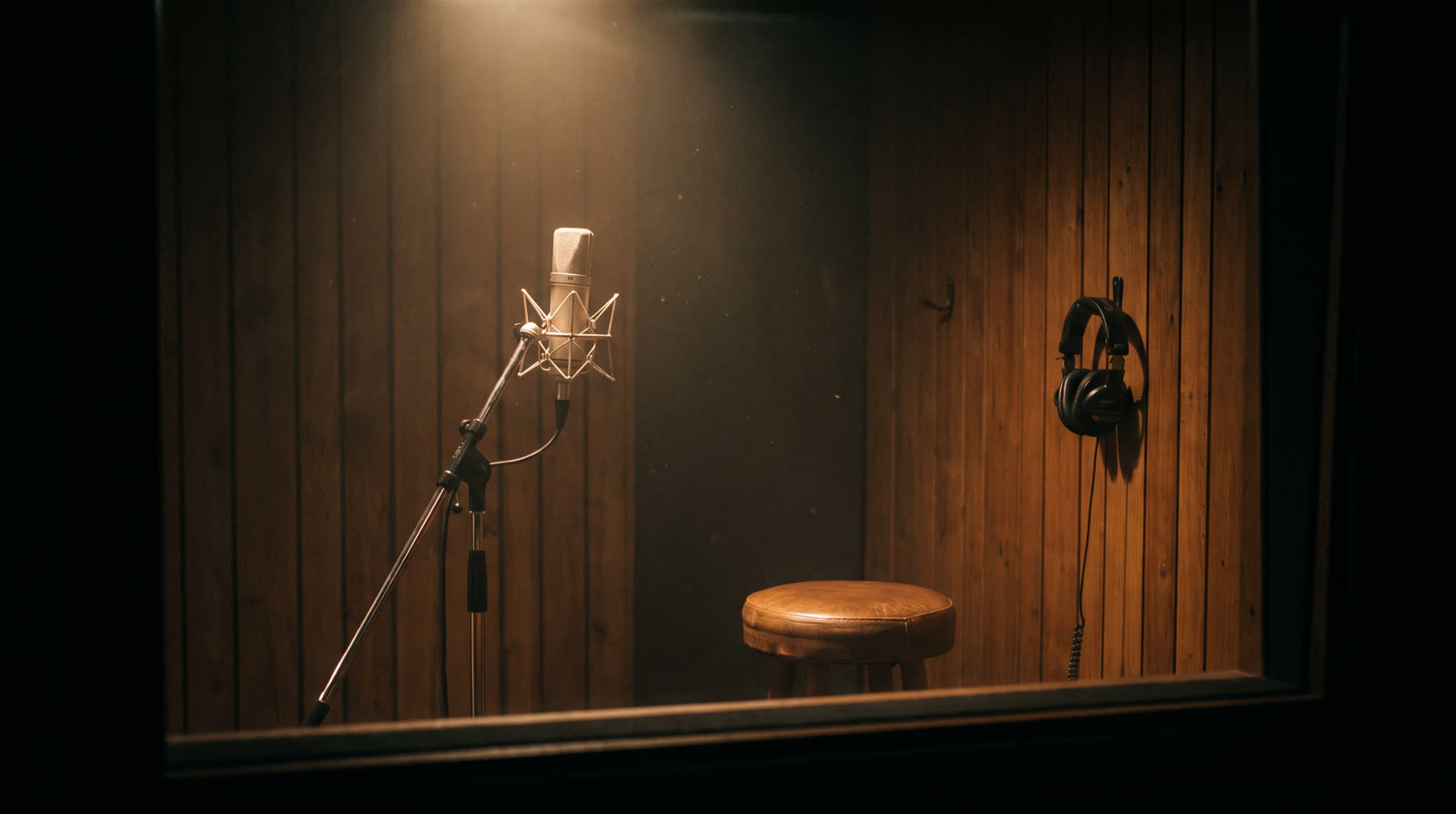 An empty recording booth seen through glass, a single microphone under a spotlight with no one at it