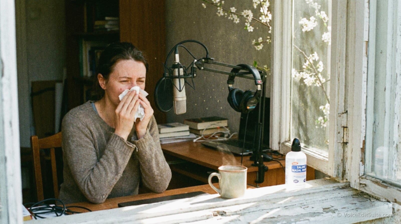 A voice actor with a tissue to her nose beside a window full of spring blossom, a steaming mug and a saline rinse bottle on the sill