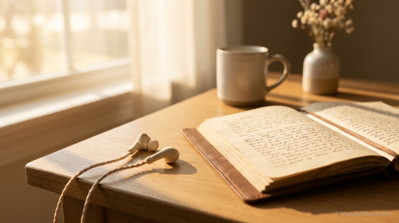 A pair of earbuds beside an open notebook of handwritten notes on a bright desk