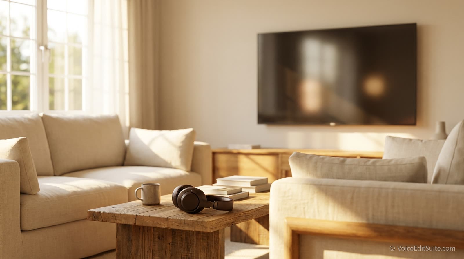 A sunlit living room with a large television screen softly out of focus and headphones on the coffee table