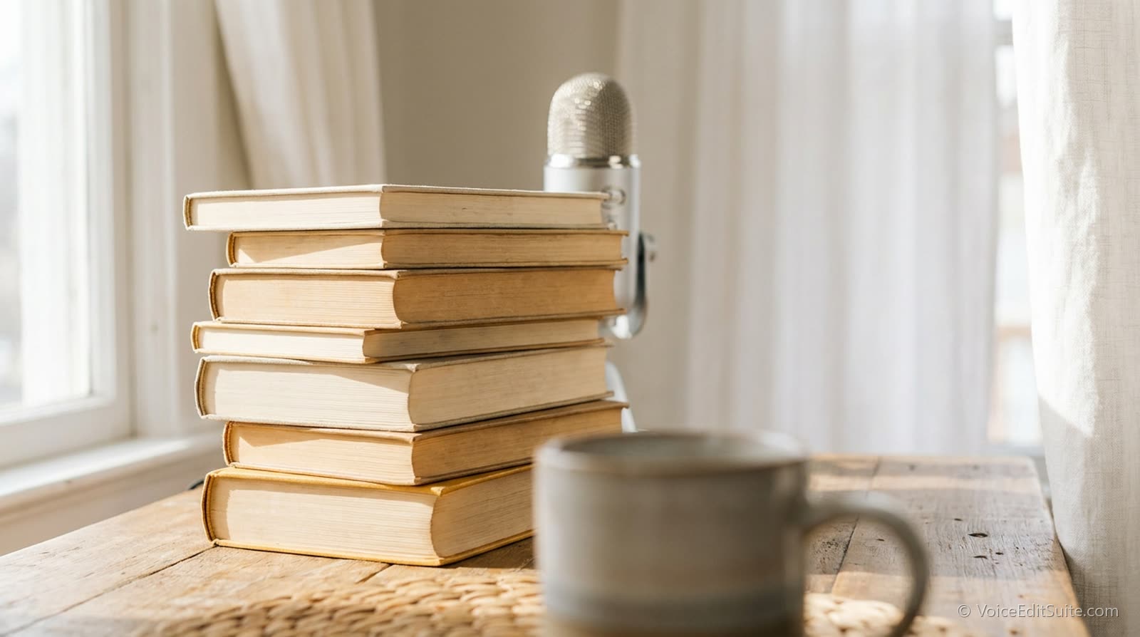 A tall stack of hardback books on a sunlit table with a microphone just visible behind