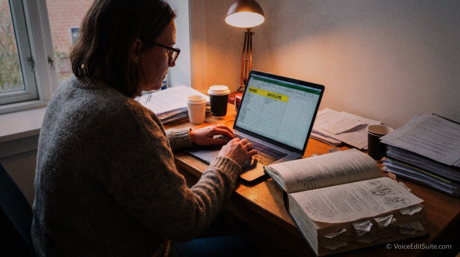 A narrator typing a pronunciation glossary into a spreadsheet before the first recording session