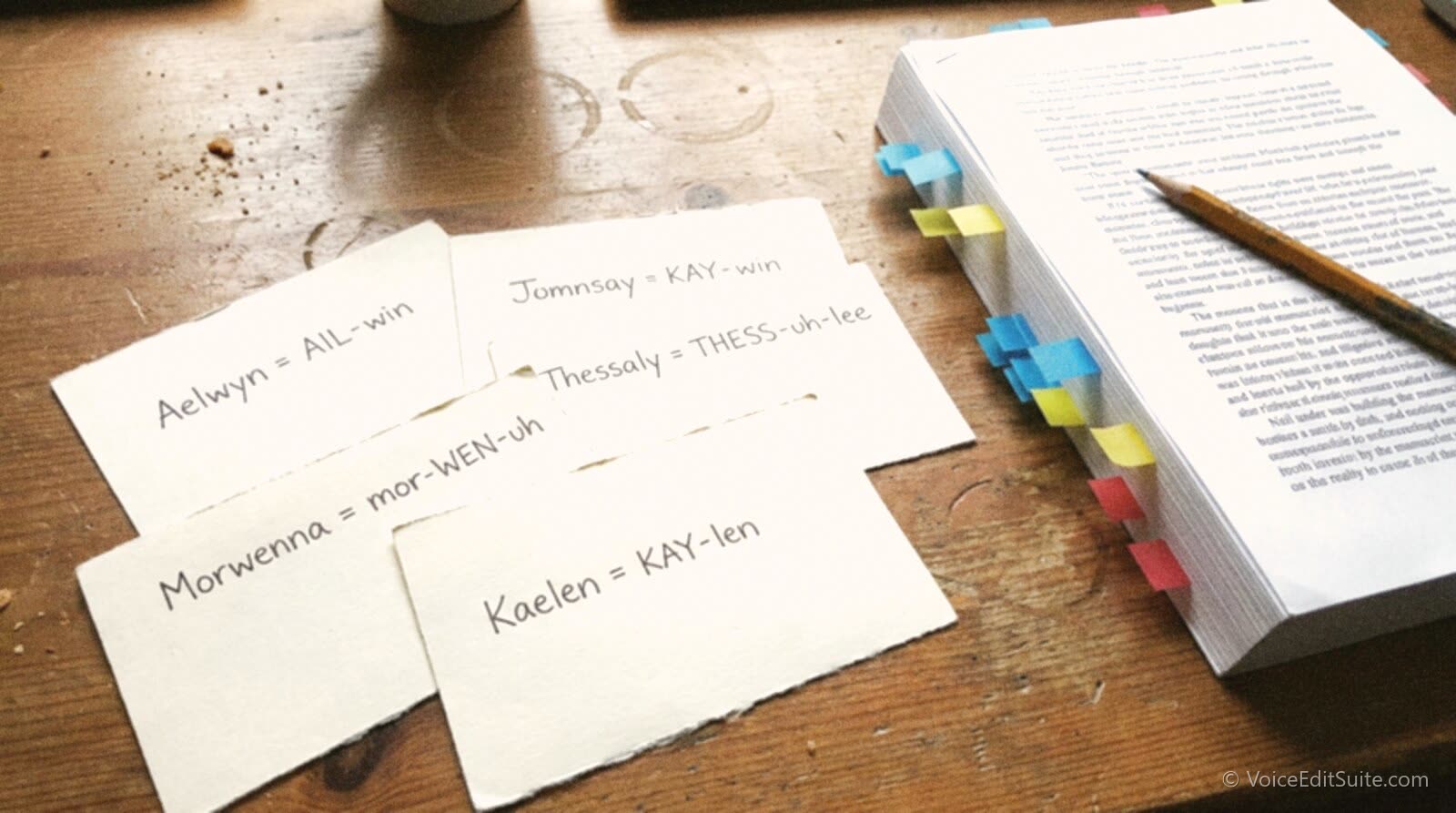 A narrator's handwritten pronunciation index cards spread beside a manuscript, each with a name and how to say it