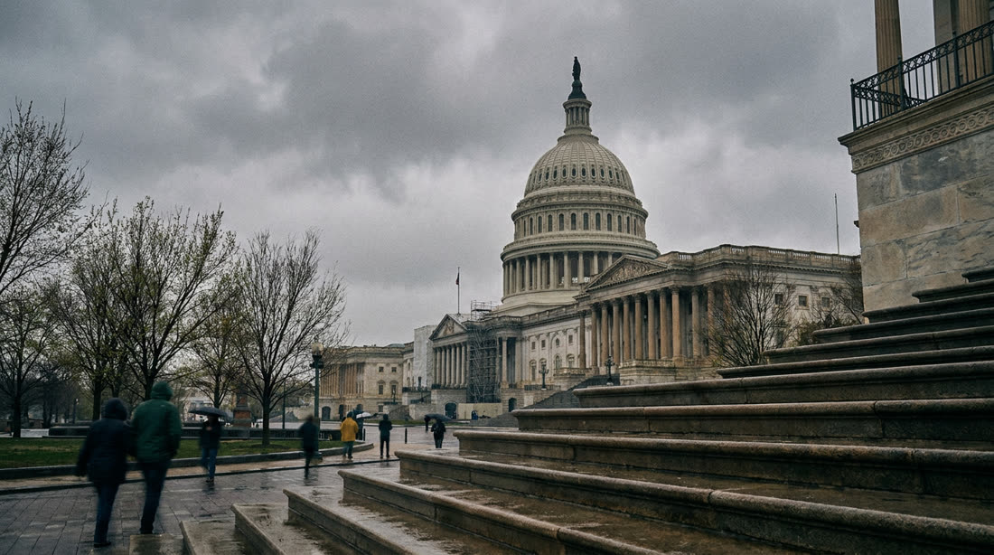 The United States Capitol building on an overcast morning, seen from the base of its steps