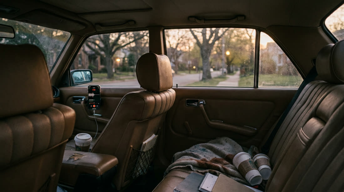 The interior of a parked car with a smartphone mounted in recording mode