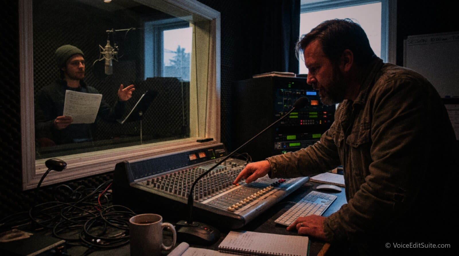 A voice over coach at a small studio mixing desk pressing the talkback button while a student reads a marked script in the booth behind the glass