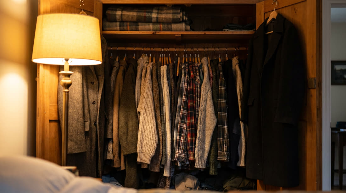 A wardrobe packed with hanging coats and sweaters, warmly lit by a floor lamp