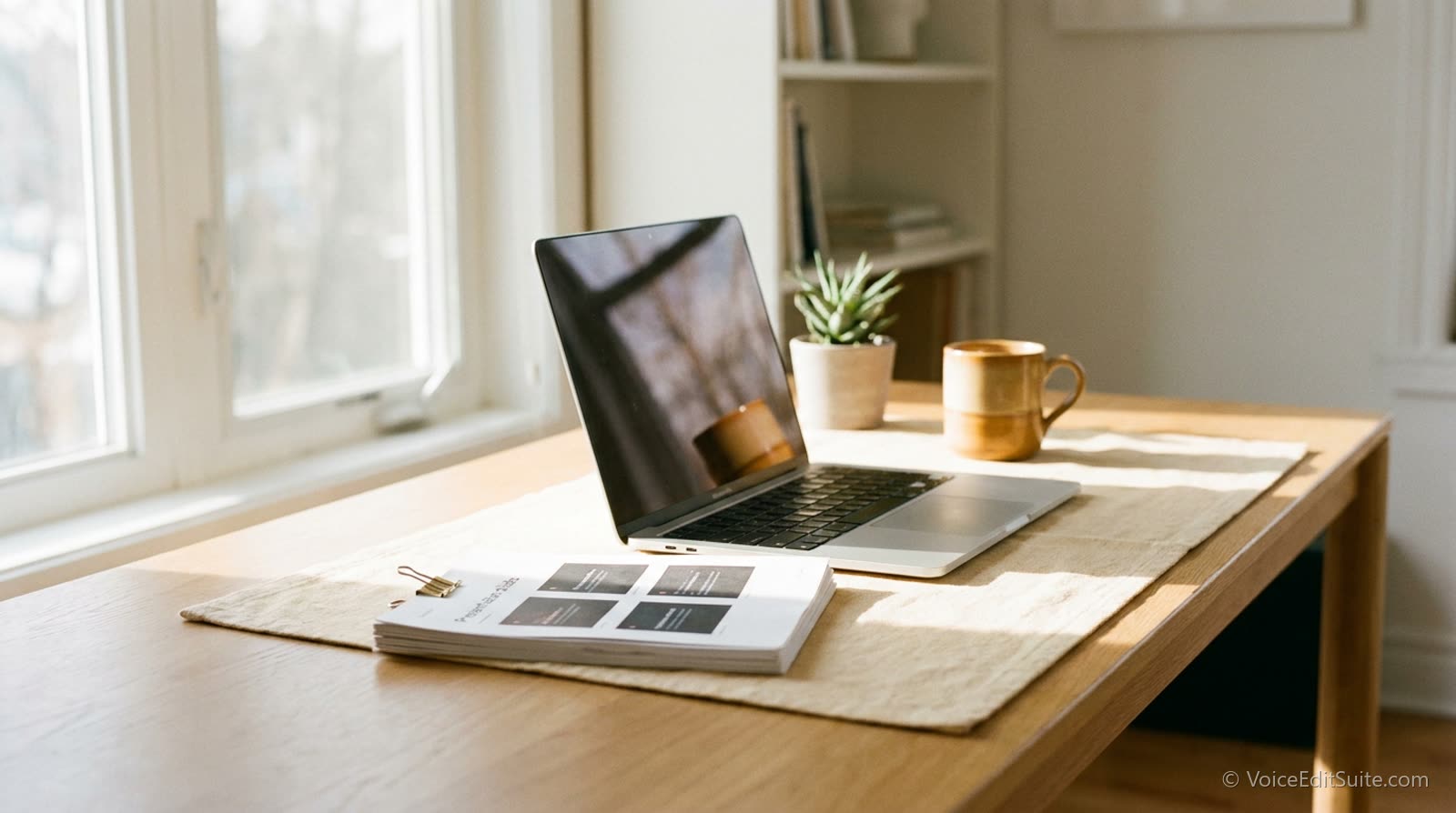 A laptop and a printed slide deck on a clean office desk, bright daylight