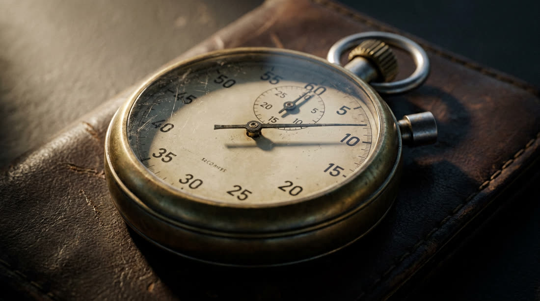 An analog stopwatch with the second hand near the ten second mark