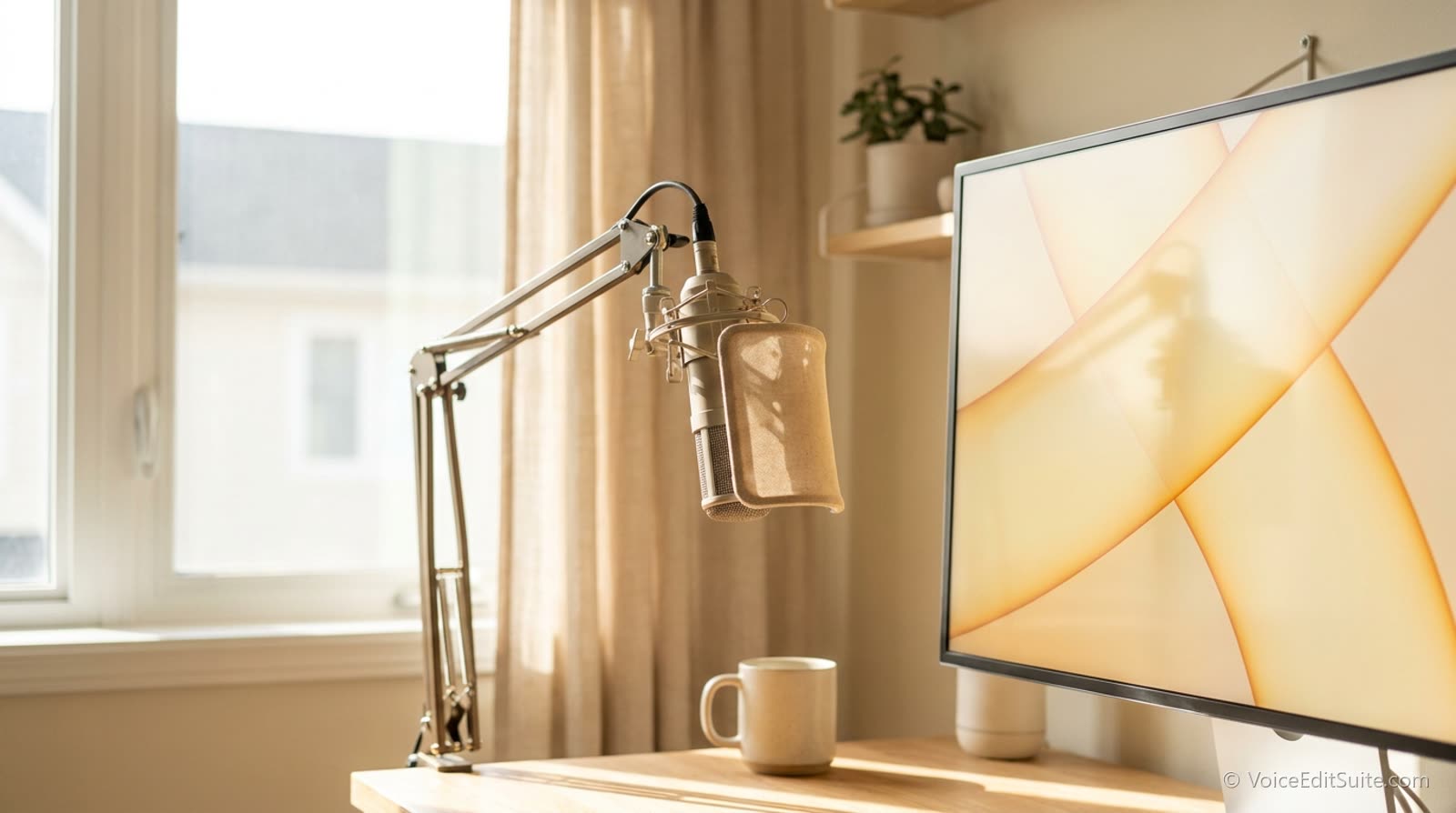 A desk microphone on a boom arm beside a glowing monitor in a bright room