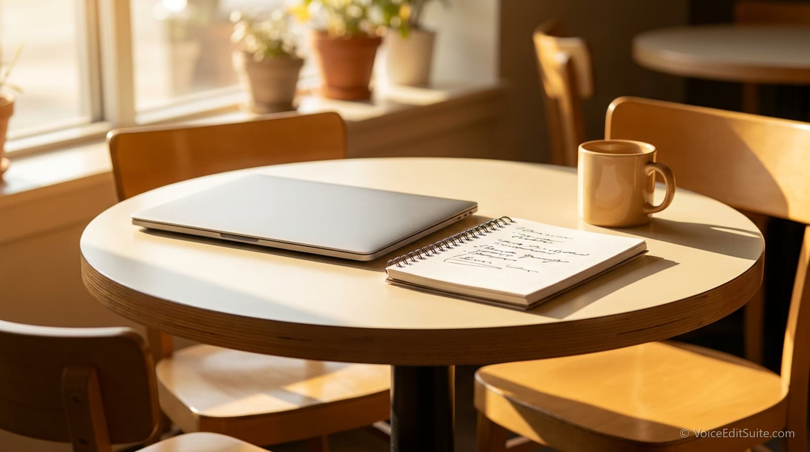 A laptop and a notepad with a handwritten list on a sunlit cafe table