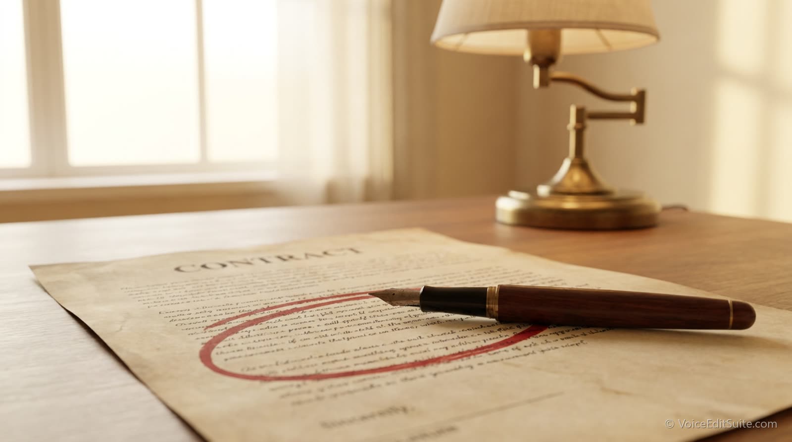 A printed contract with a pen resting across a clause circled in red ink, desk lamp light at night