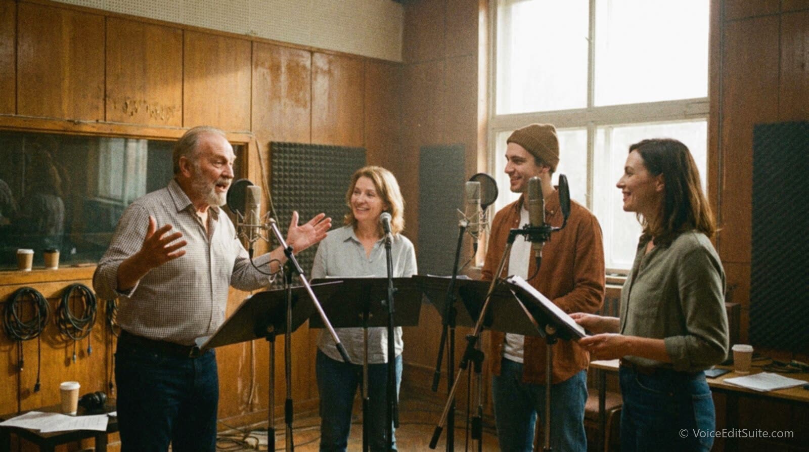 Four narrators in a large studio recording a full-cast audiobook together, each at their own microphone