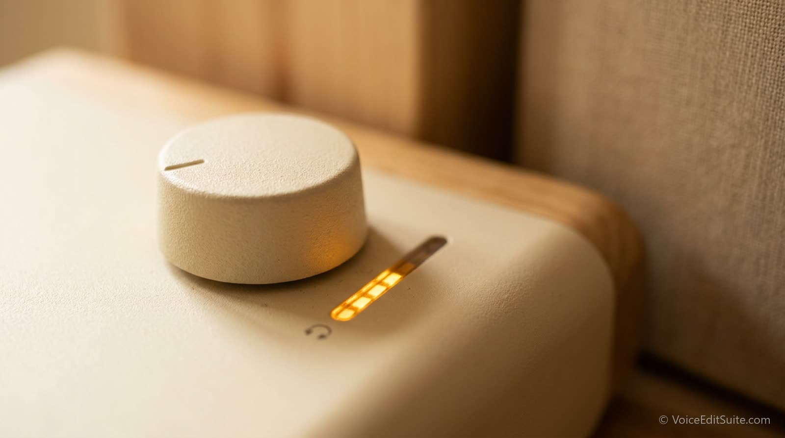 A close view of an audio interface gain knob with the level meter lit, shallow focus
