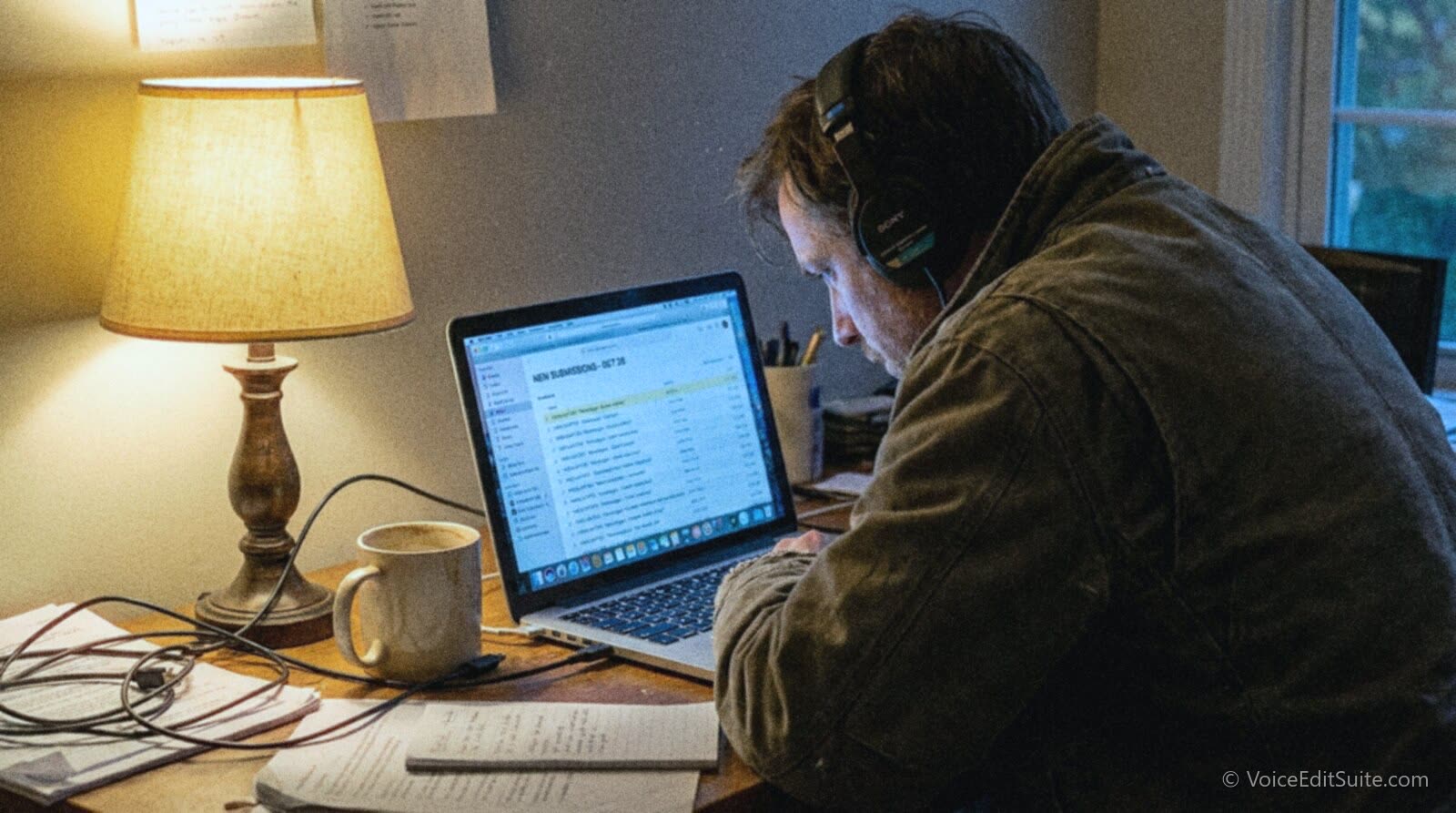 A casting producer listening to auditions as they arrive, a new submission notification on screen