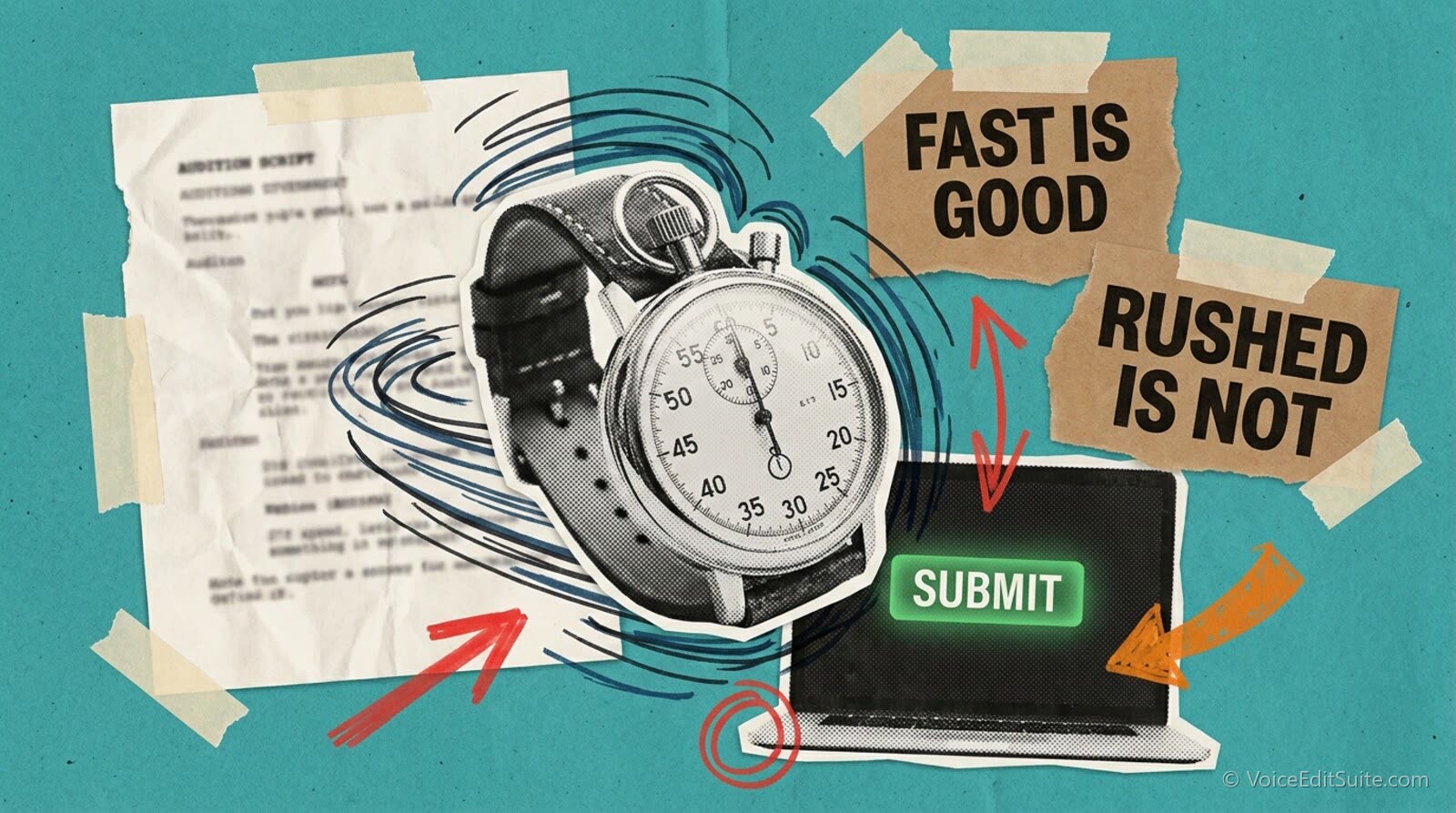 Collage of a large stopwatch, an audition script and a submit button, with the words Fast is good, Rushed is not