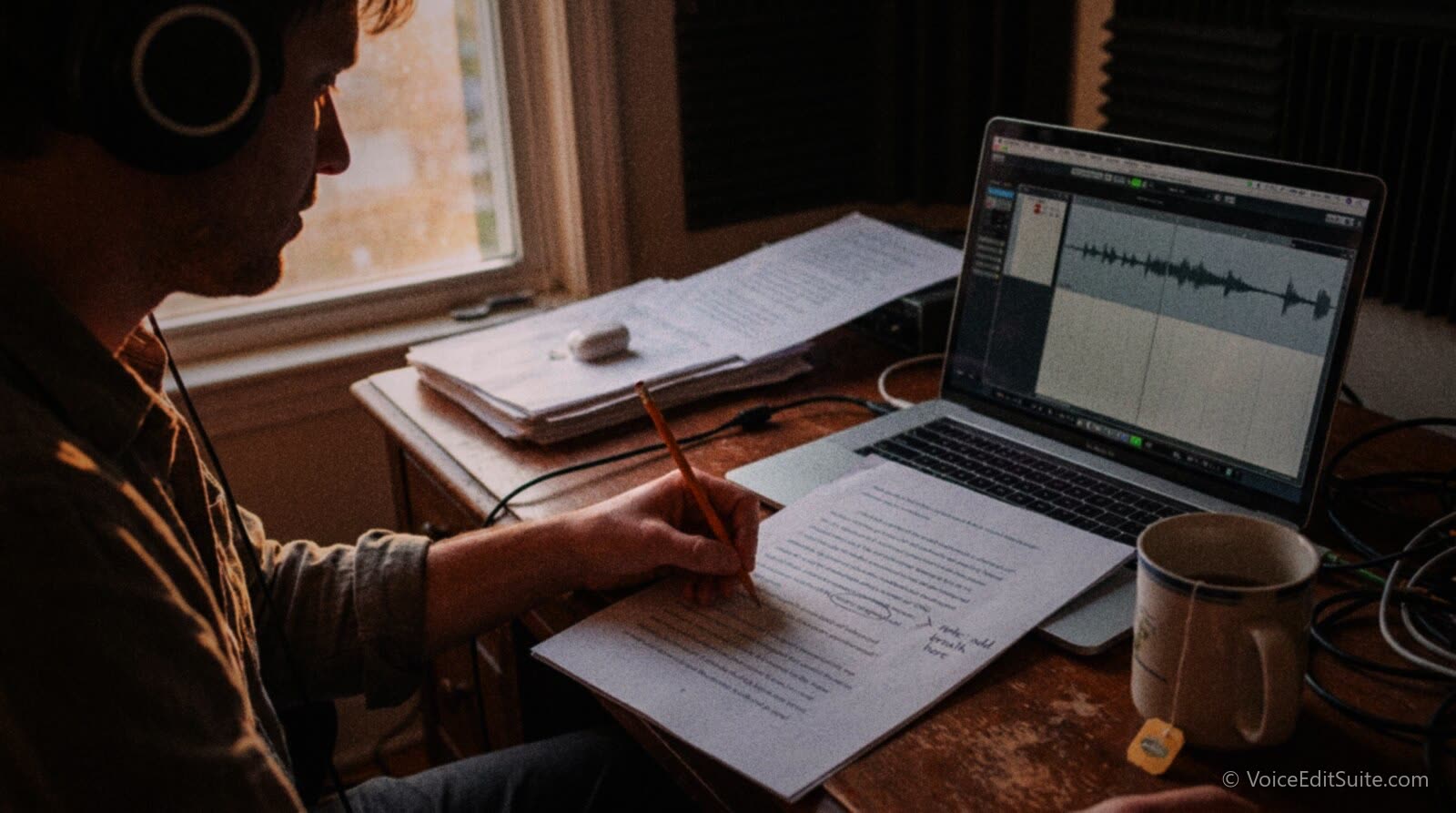 A narrator at a home studio desk marking pickups in pencil on a printed manuscript page, headphones on, with a waveform open on the laptop screen beside it