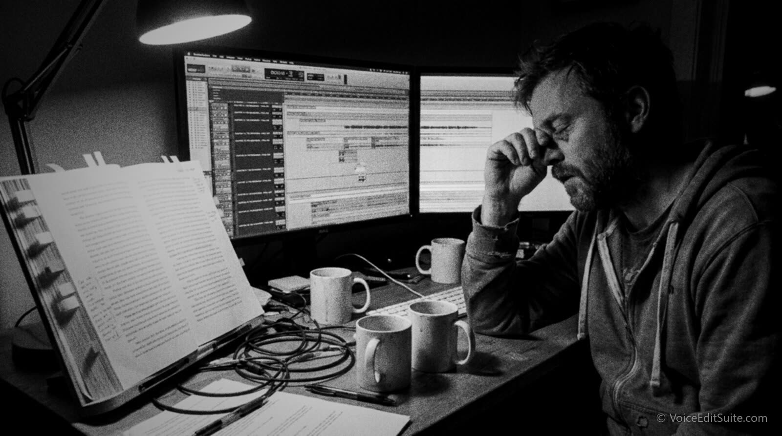 Black and white photograph of an editor working through a long audiobook timeline late at night