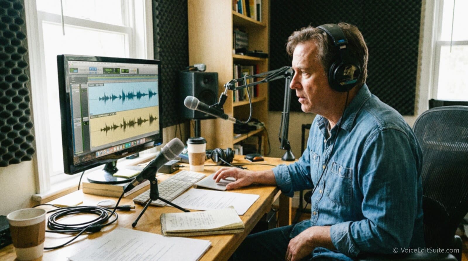 A voice actor in daylight comparing two recordings side by side on headphones
