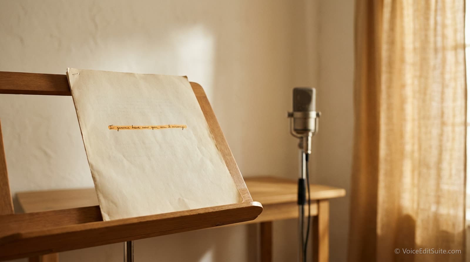 A script page on a stand with the first line highlighted, microphone in soft focus
