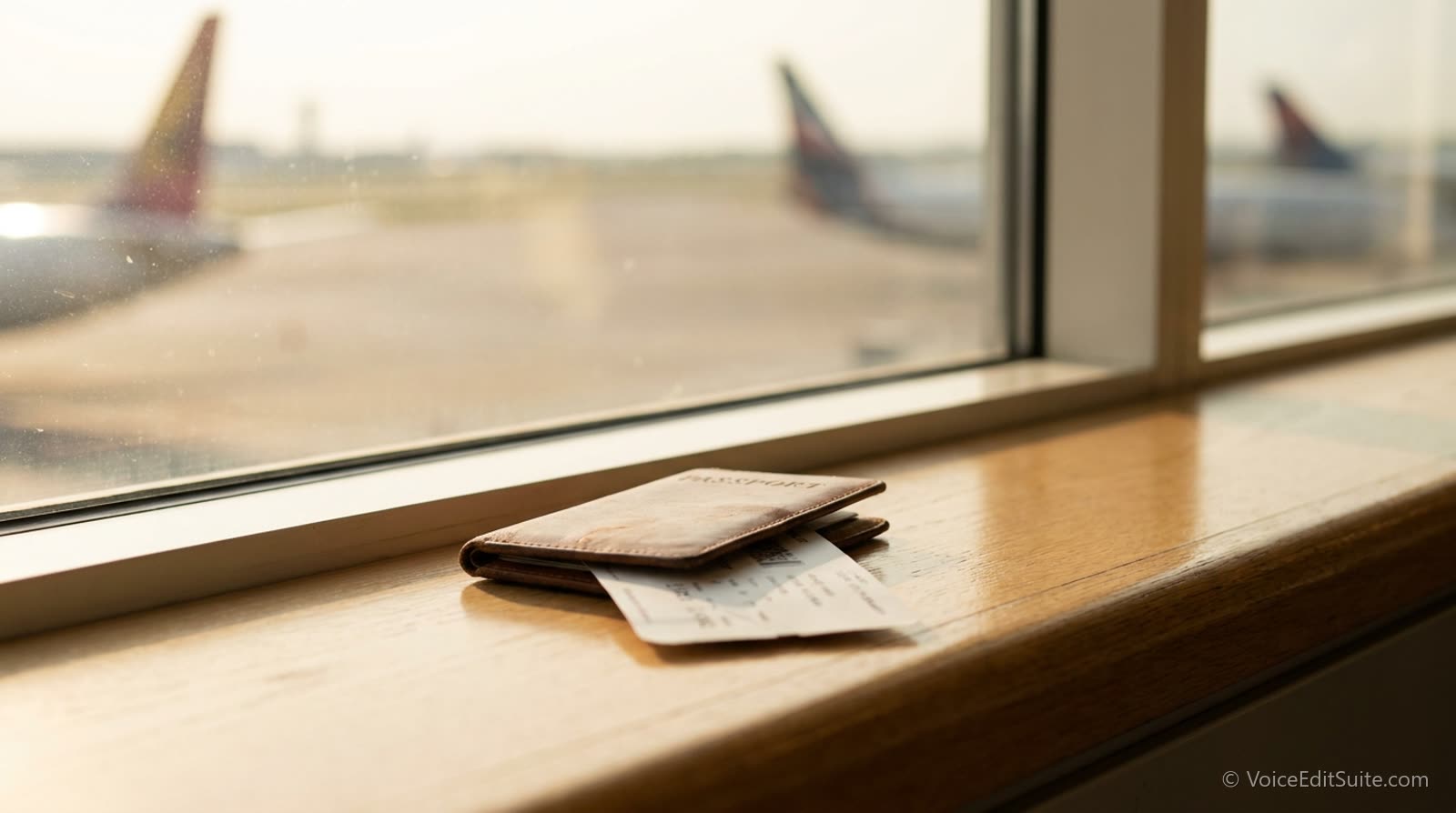 A passport and a boarding pass resting on an airport windowsill, bright daylight