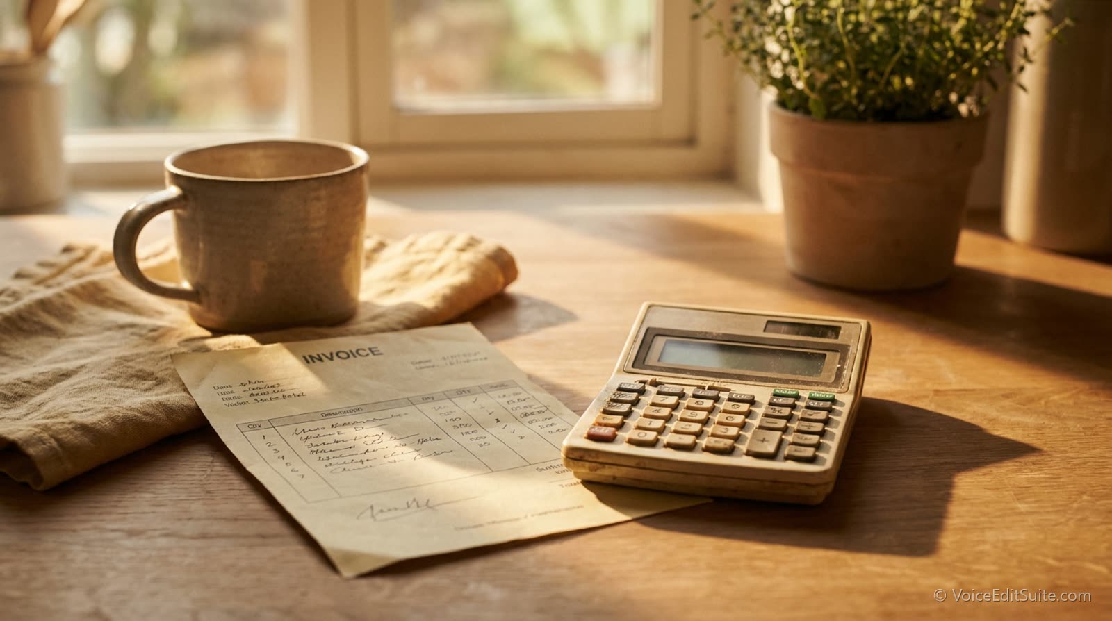 A printed invoice and a calculator on a kitchen table in warm daylight