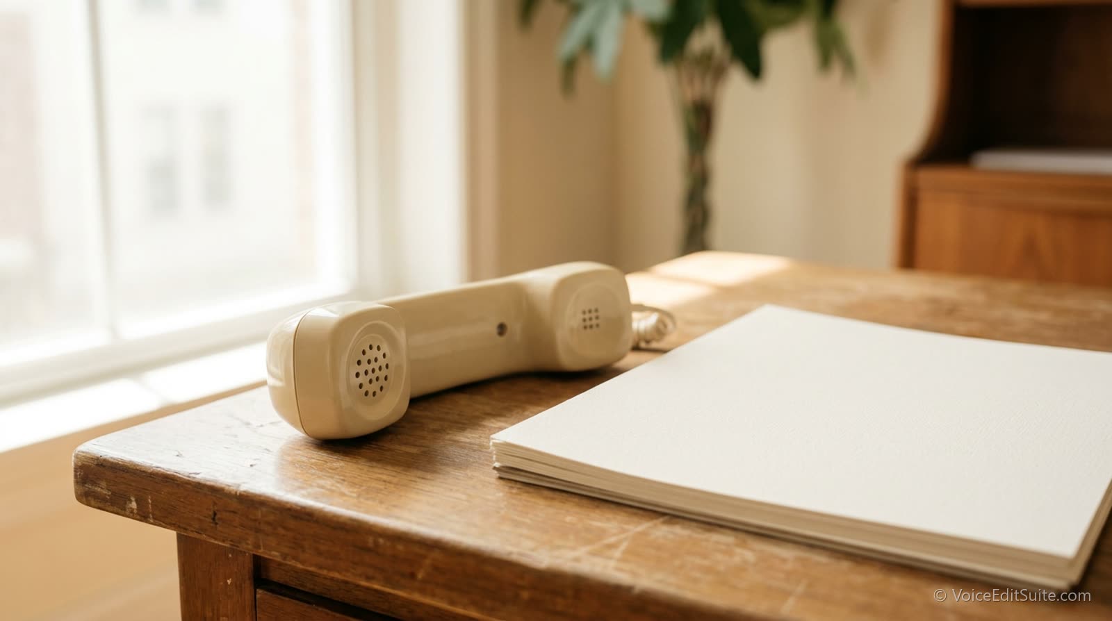 A desk telephone handset beside a notepad in a bright office, shallow focus