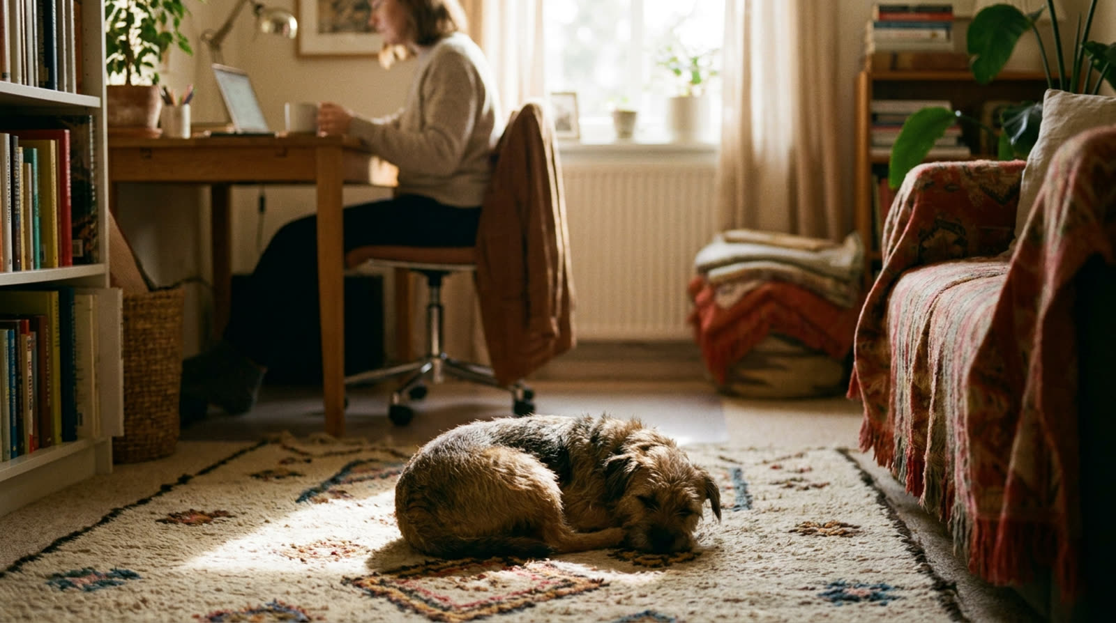A small dog asleep on a rug in a home office, a person working in soft focus