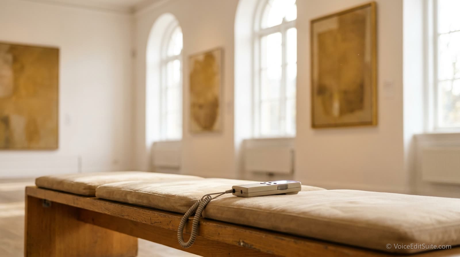 A bright museum gallery with an audio guide handset on a bench in the foreground