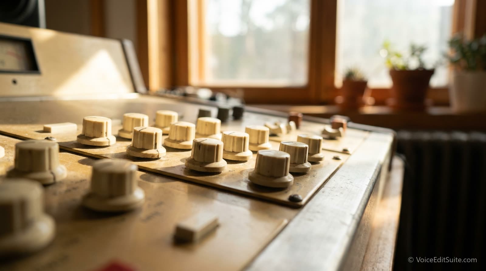 A close view of an audio mixing console's compressor and gate knobs, warm daylight, shallow focus