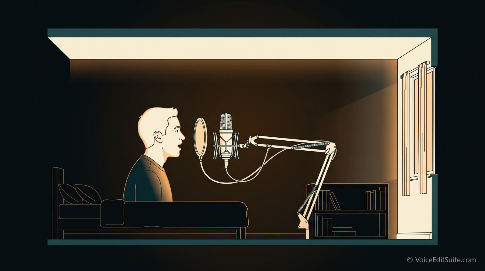 A warm cutaway illustration of a spare bedroom set up for recording, with a microphone on a boom arm, a bed and a curtained window