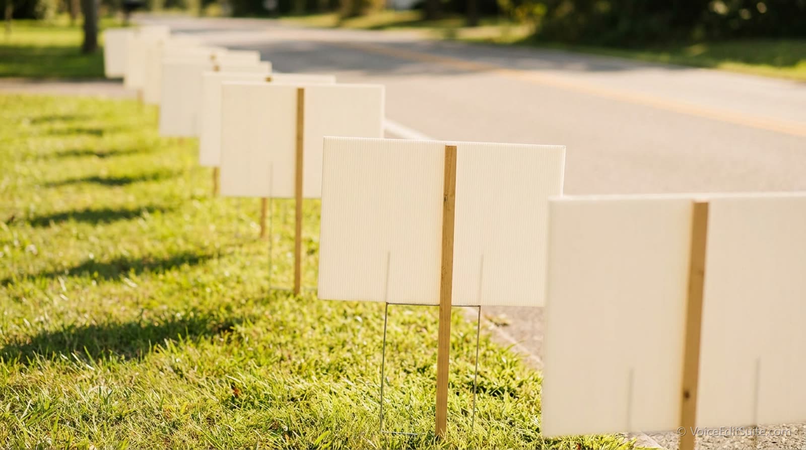 A row of blank campaign lawn signs on a grass verge in bright daylight