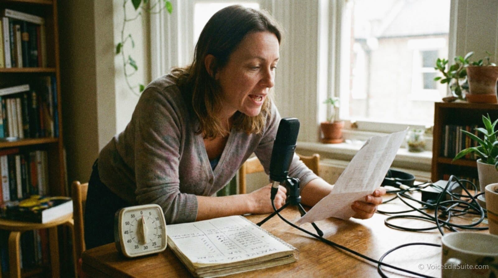 A voice actor practising a cold read against a kitchen timer in a sunny room