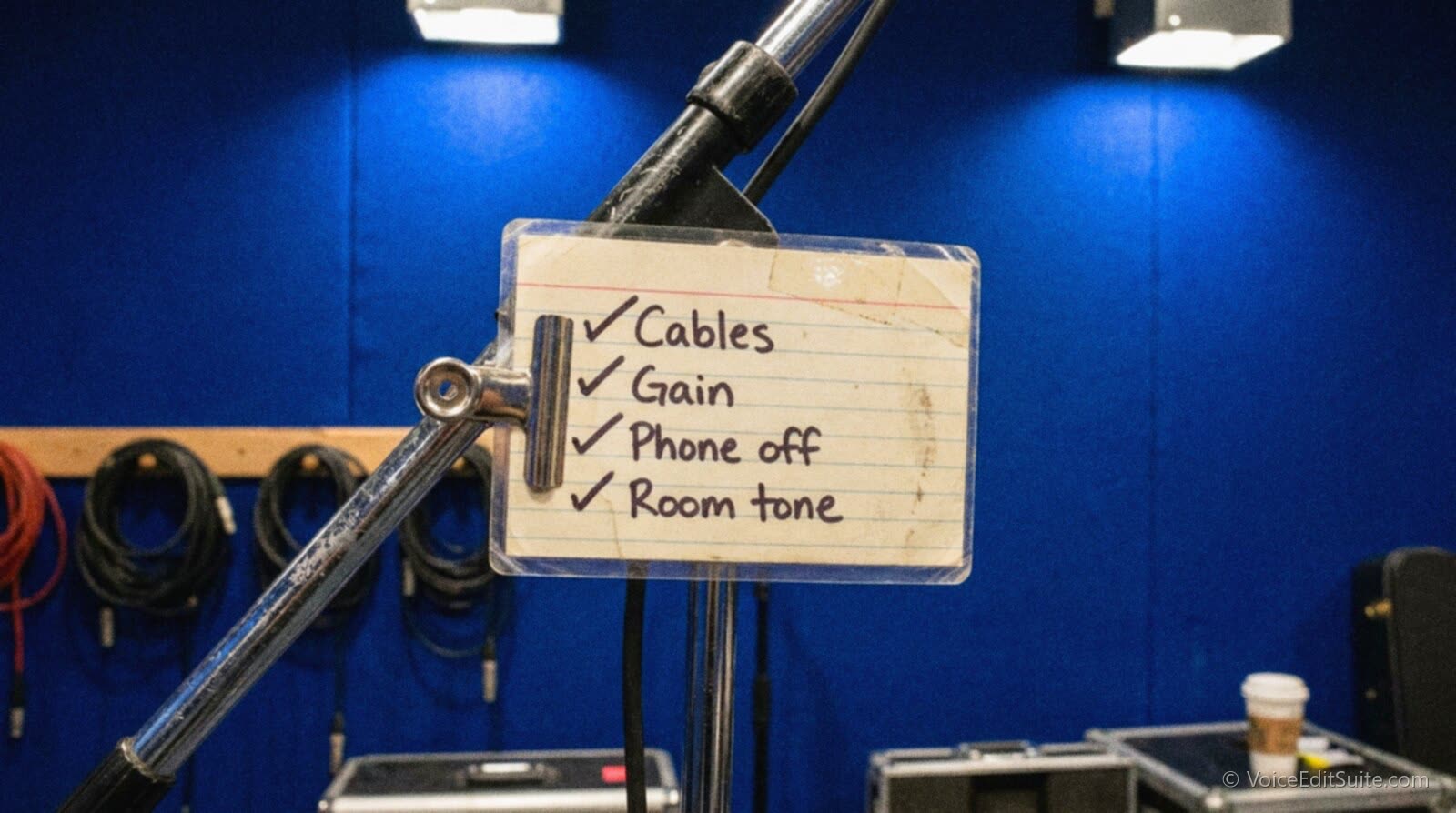 A laminated pre-session checklist clipped to a microphone stand, on a bright blue backdrop