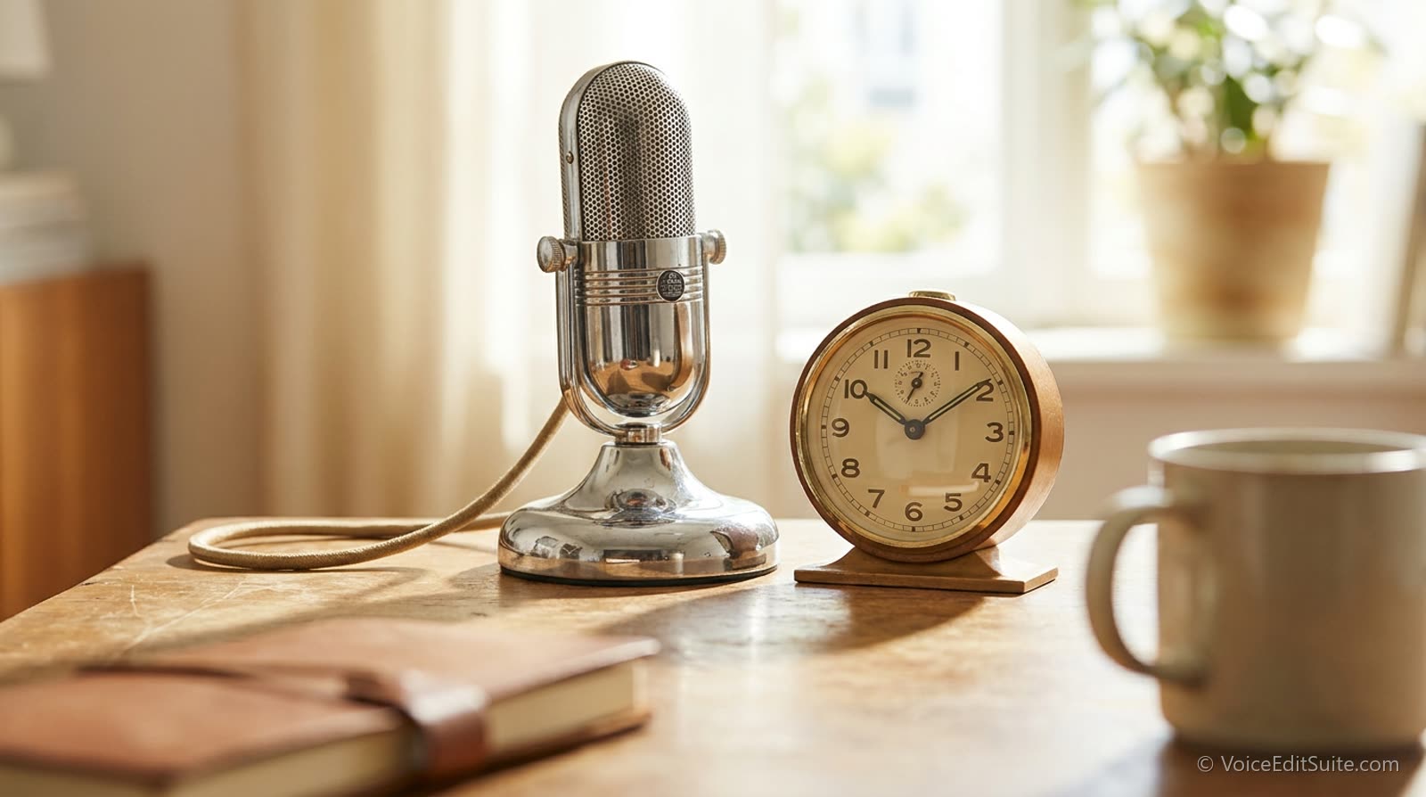 A vintage radio microphone on a desk beside a small analog clock, bright daylight