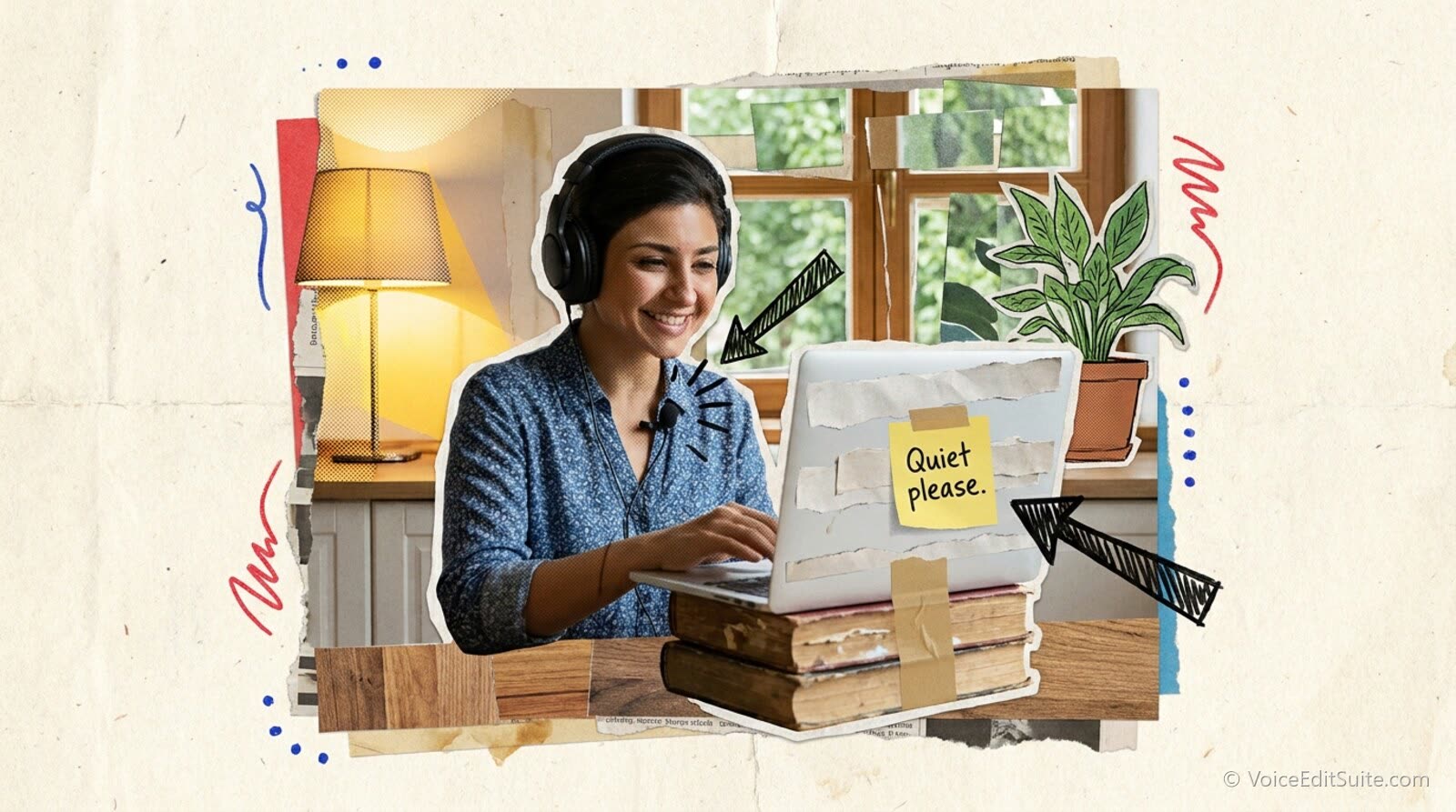 A podcast guest sitting at a kitchen table with a laptop propped on books, wearing wired headphones and a small collar microphone, a lamp lighting one side of their face