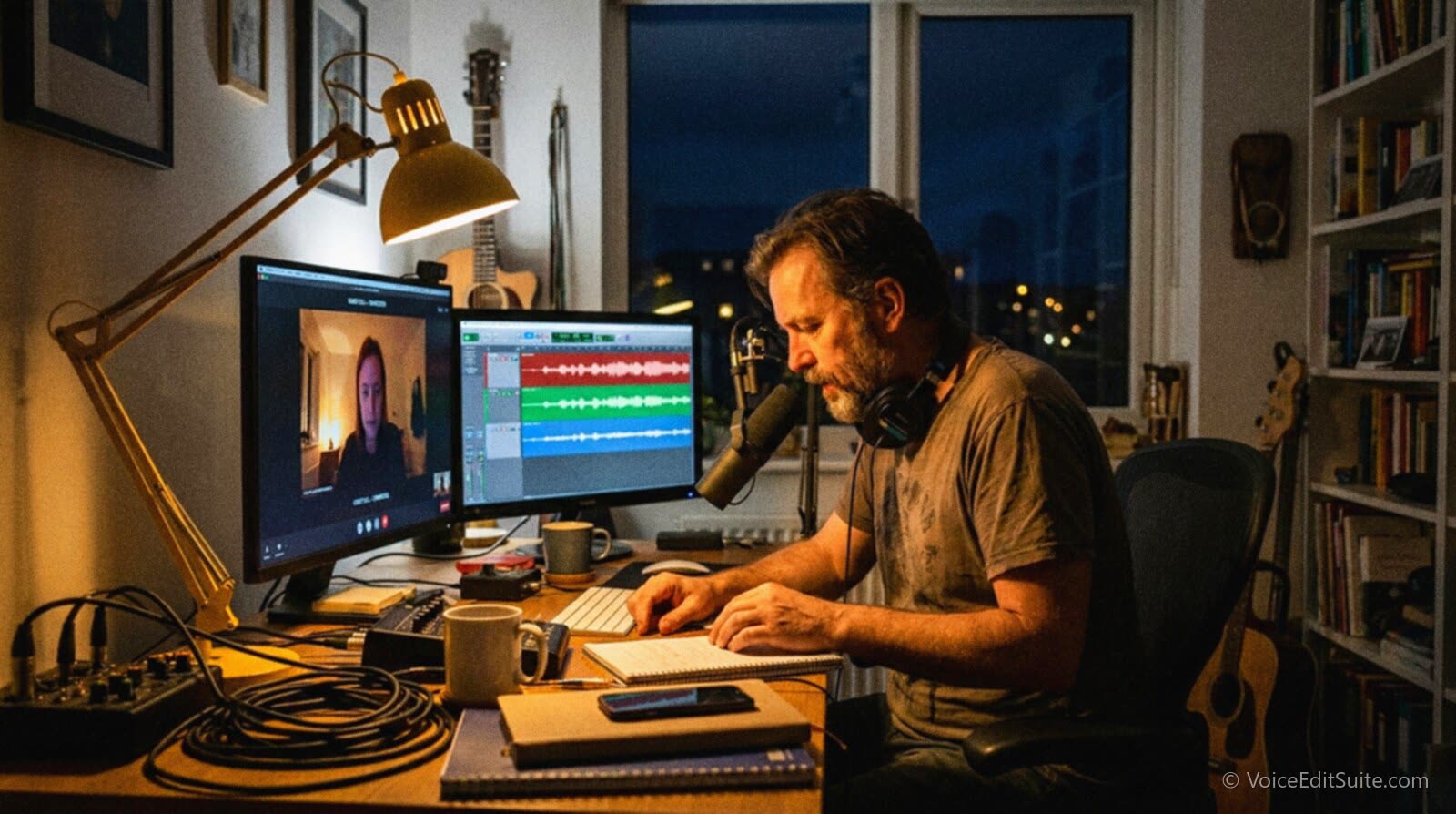 A podcast host at a desk with two monitors, one showing a video call with a remote guest and the other showing a multitrack recording app with several separate waveforms, a boom mic positioned close to the host's mouth.