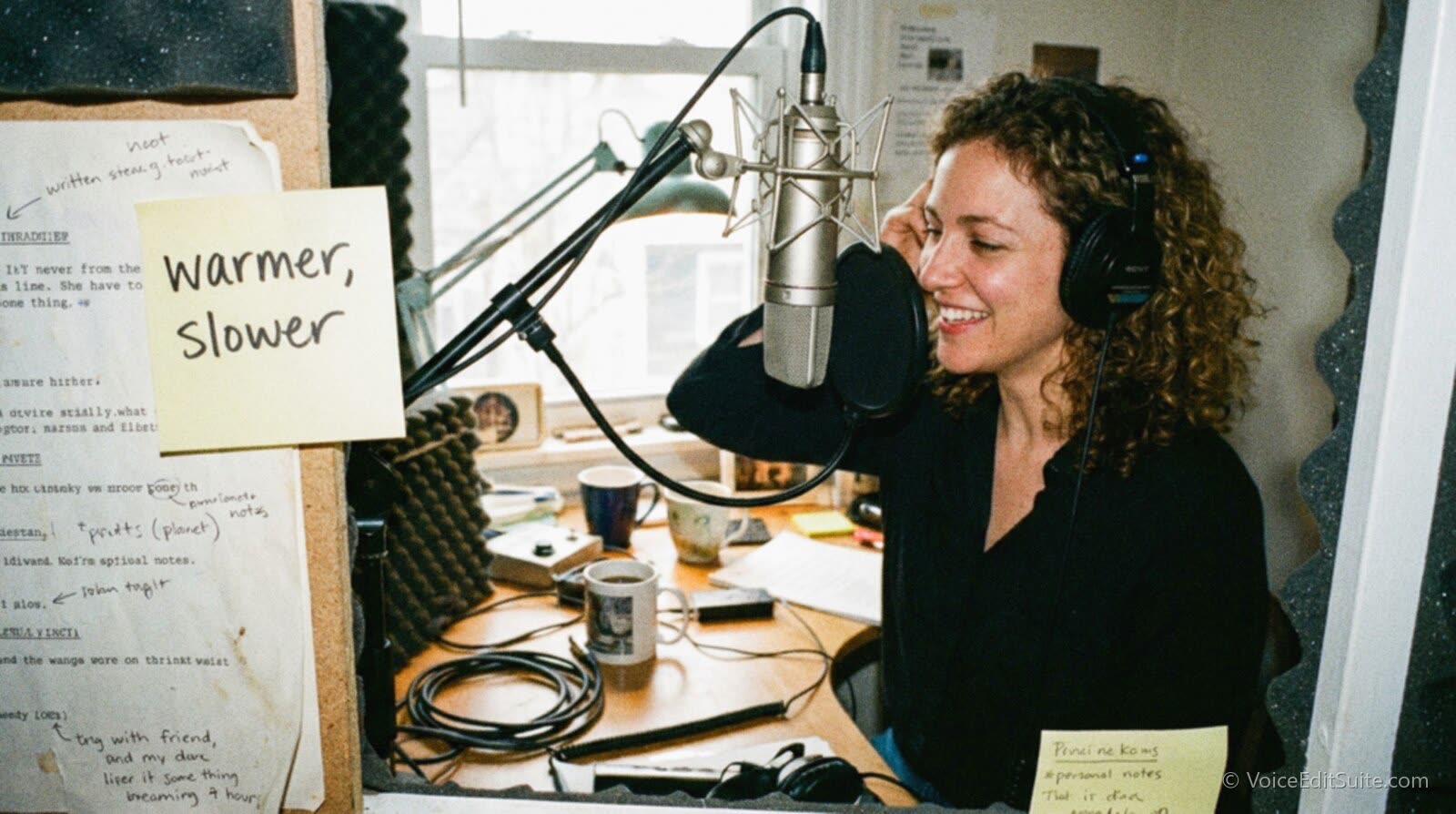 A voice actor re-recording a line after a director's redirect, notes scribbled on the script