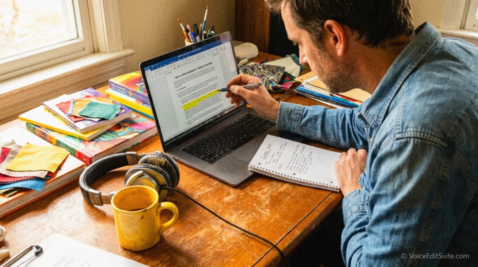 A podcaster at a bright, colorfully lit desk during the day, highlighting text on a music license page on their laptop screen while writing the attribution wording into a notebook beside a pair of headphones
