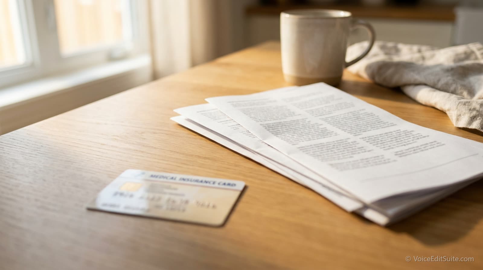 A medical insurance card and paperwork on a kitchen table in daylight