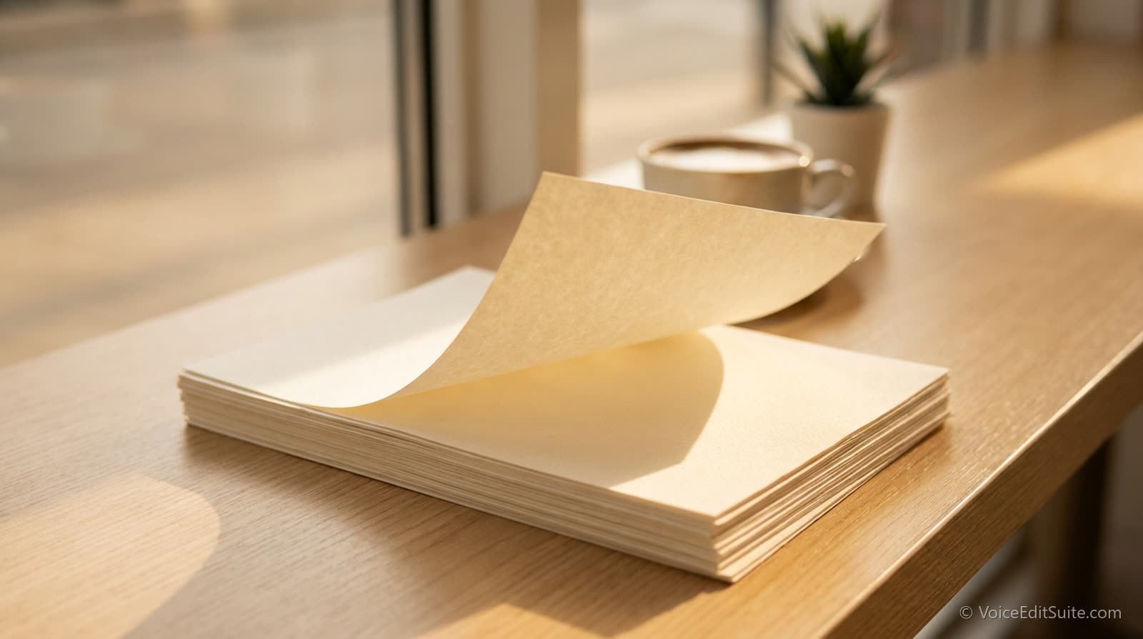 A neat stack of invoices with one page highlighted, on a bright cafe table