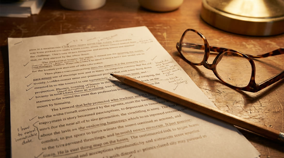 A printed manuscript page covered in pencil annotations and margin ticks, with a pencil and reading glasses beside it