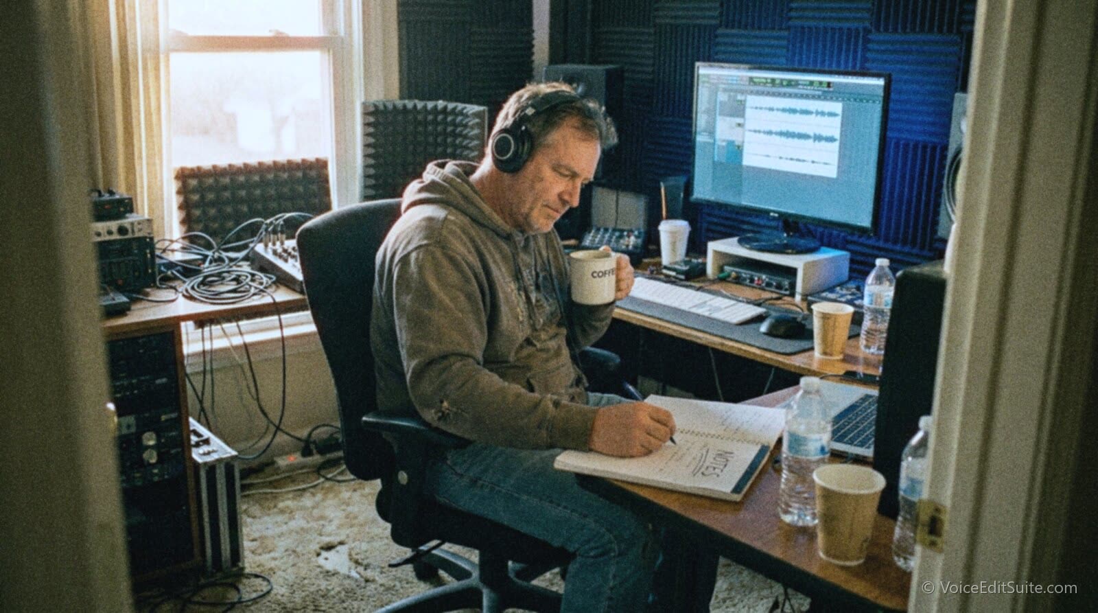 A voice actor the next morning replaying yesterday's takes with fresh ears and a coffee