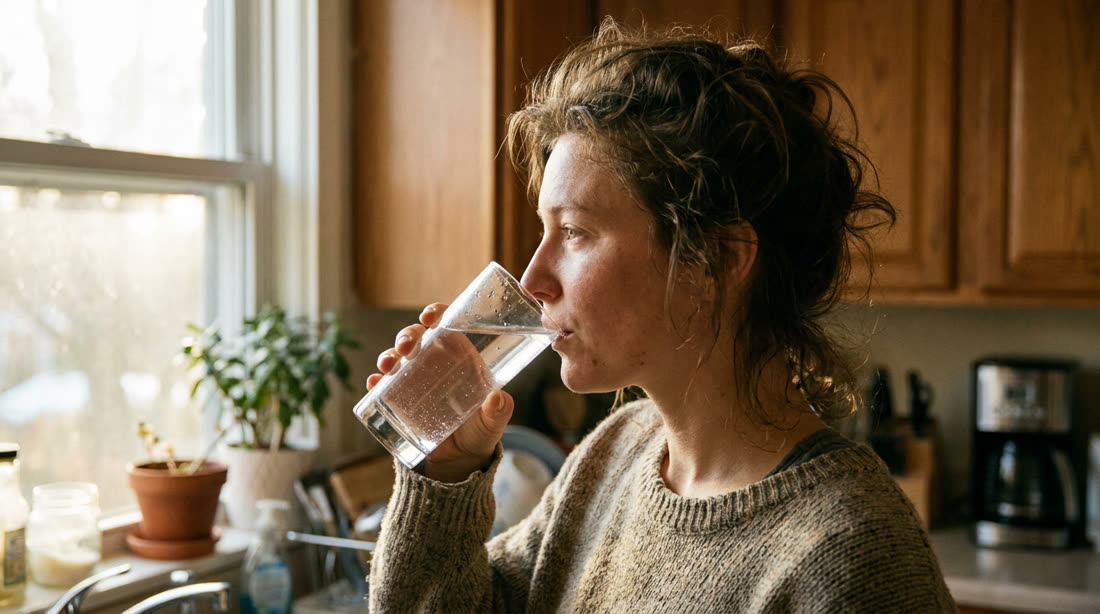 A person drinking a tall glass of water by a bright kitchen window