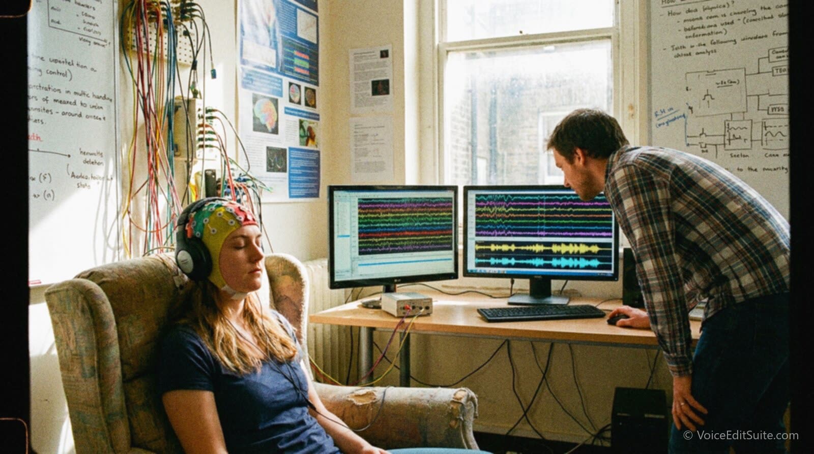 A researcher in a lab playing a sound logo to a participant wearing headphones and a sensor cap