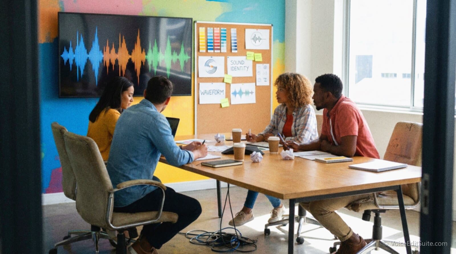 Brand designers in a meeting room listening to a sound logo, a large audio waveform projected on the wall